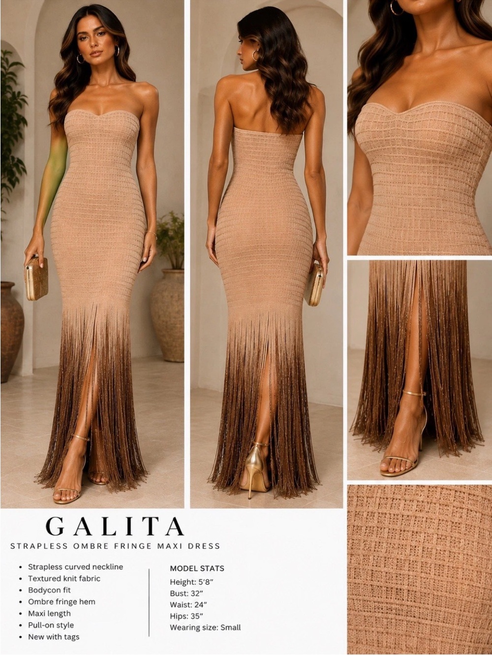 GALITA Strapless Bodycon Maxi Dress Ombre Fringe Hem Textured Knit Nude Brown